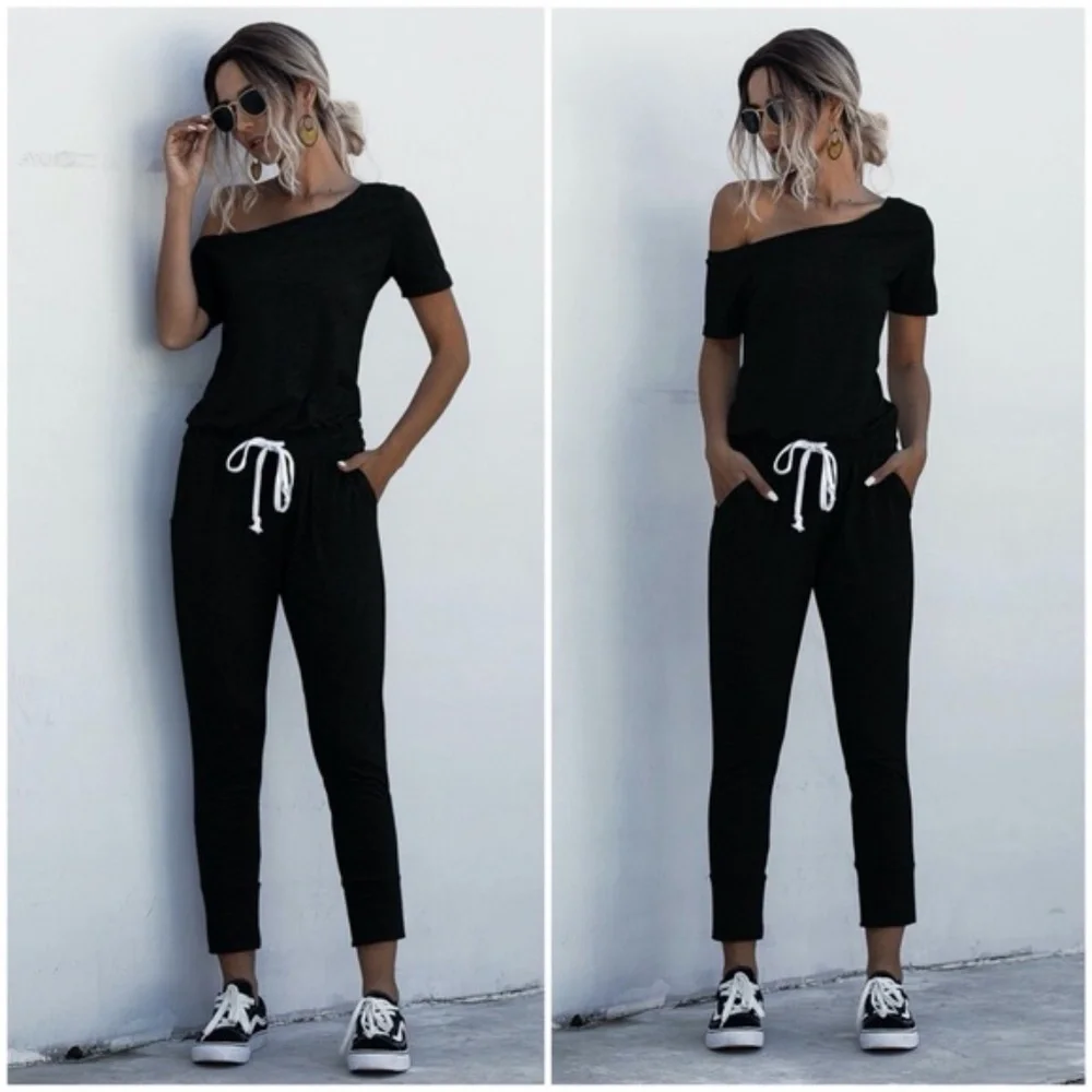 Comfy Black off shoulder waist tie pocket jumpsuit - Picture 1 of 9